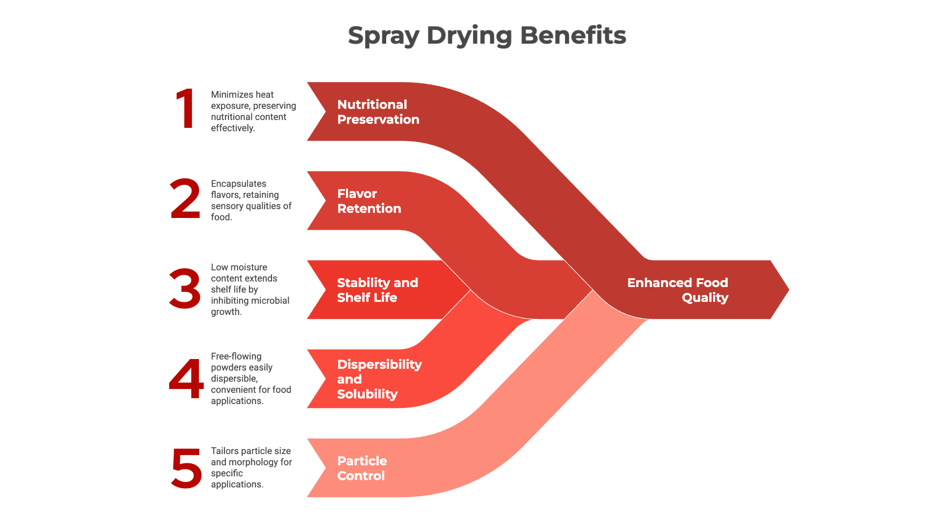 An infographic titled 'Spray Drying Benefits'. It lists five benefits: 1. Nutritional Preservation, 2. Flavor Retention, 3. Stability and Shelf Life, 4. Dispersibility and Solubility, and 5. Particle Control, all leading to 'Enhanced Food Quality'.