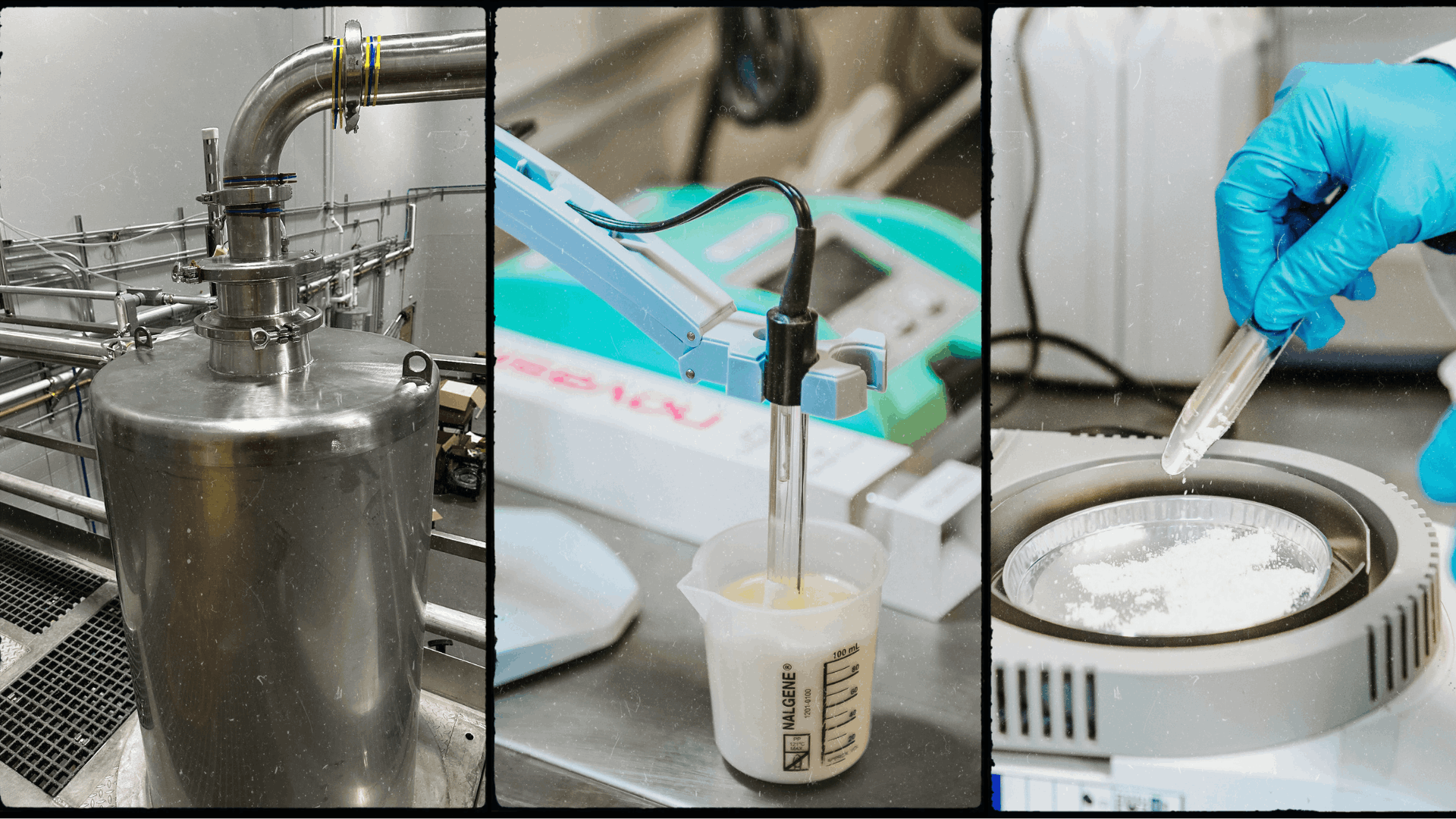 Three-panel image showing: a close-up of industrial drying equipment, a laboratory setup measuring a sample in a beaker, and a gloved hand placing powder into a moisture analyzer tray—highlighting the process from production to lab testing.