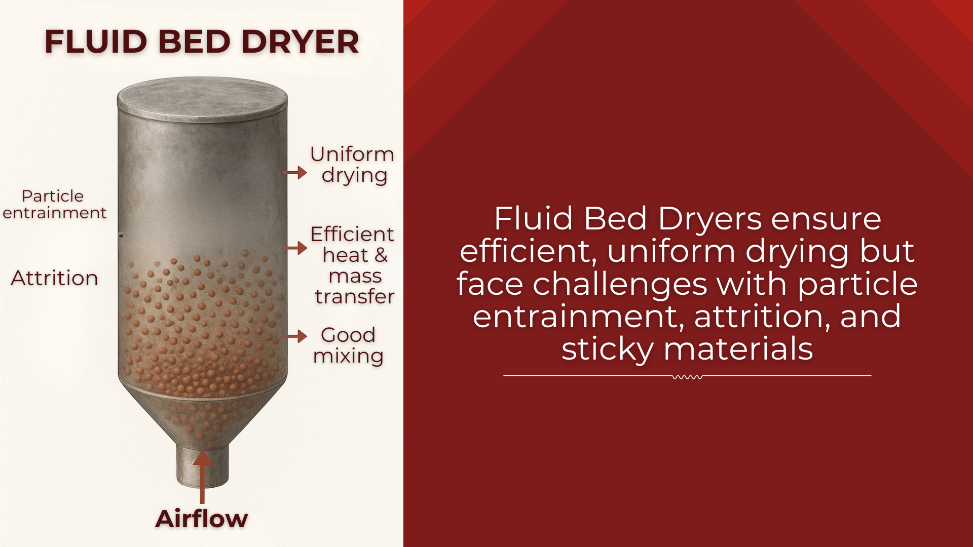 Illustrated diagram of a fluid bed dryer showing labeled benefits and drawbacks, with explanatory text on the side.