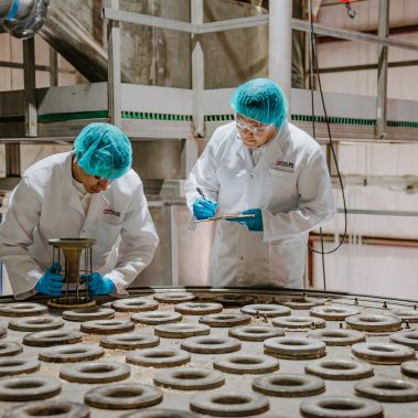 Two technicians in cleanroom attire inspecting and documenting components of a large industrial spray dryer, ensuring the precision of the spray drying system.