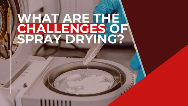 FEATURE IMAGES (4) A person wearing blue gloves and a lab coat is seen adding white powder to a sample pan inside a laboratory instrument, with overlaid text asking: 'WHAT ARE THE CHALLENGES OF SPRAY DRYING?'