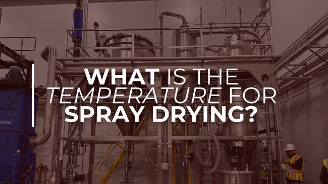 FEATURE IMAGES (5) Industrial spray drying system with stainless steel vessels and pipes inside a production facility, featuring the text “What is the temperature for spray drying?”