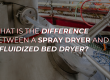 Text overlay asking about the difference between spray dryers and fluidized bed dryers, over a close-up image of processing equipment.