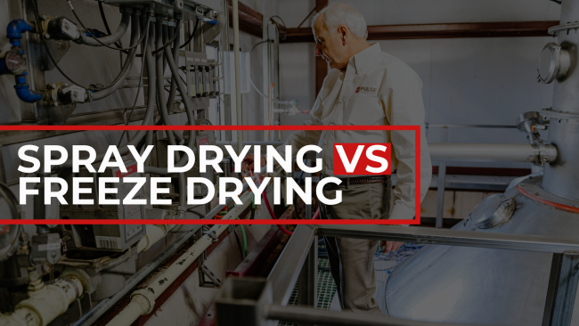 A man in a collared shirt with a company logo stands amidst complex industrial machinery, with overlaid text 'SPRAY DRYING VS FREEZE DRYING' framed by a red rectangle.