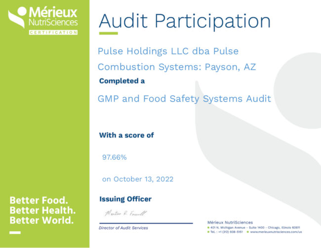 GMP and Food Safety Systems Audit certificate for Pulse Combustion Systems, awarded by Mérieux NutriSciences, confirming our commitment to quality for industrial spray dryers.