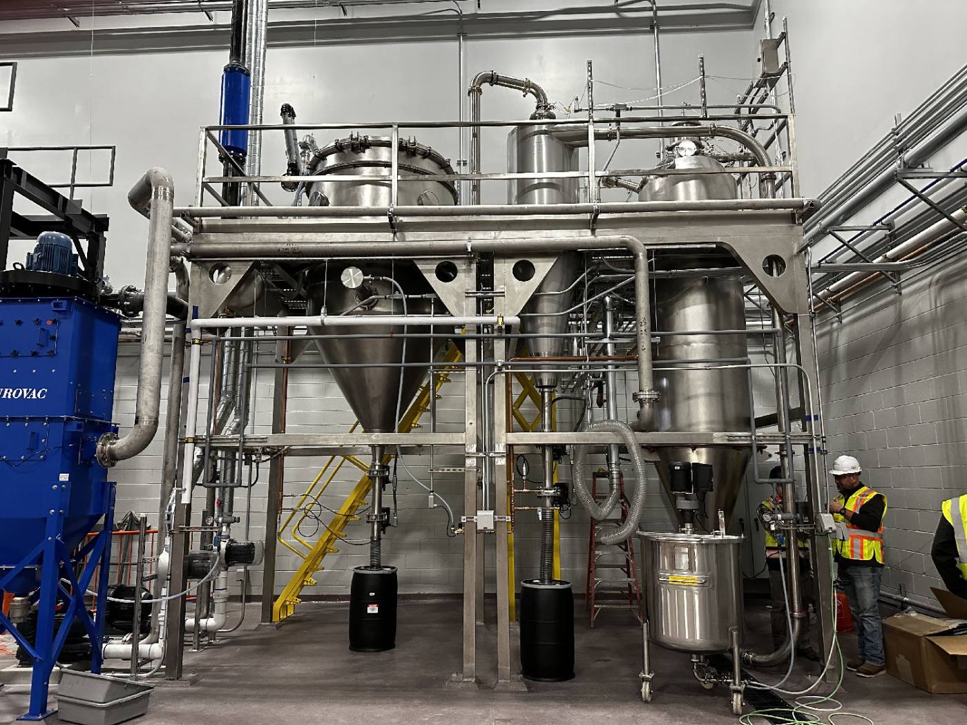 P-50 pulse spray dryer installed and commissioned, stainless drying chamber, cyclone and baghouse