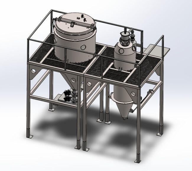 A detailed 3D CAD model of an industrial spray dryer system, showcasing the engineering design of the drying chamber and cyclone collector used in our advanced spray drying equipment.