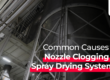 Banner with text for Common nozzle clogging in spray drying systems, with an industrial spray dryer on the background