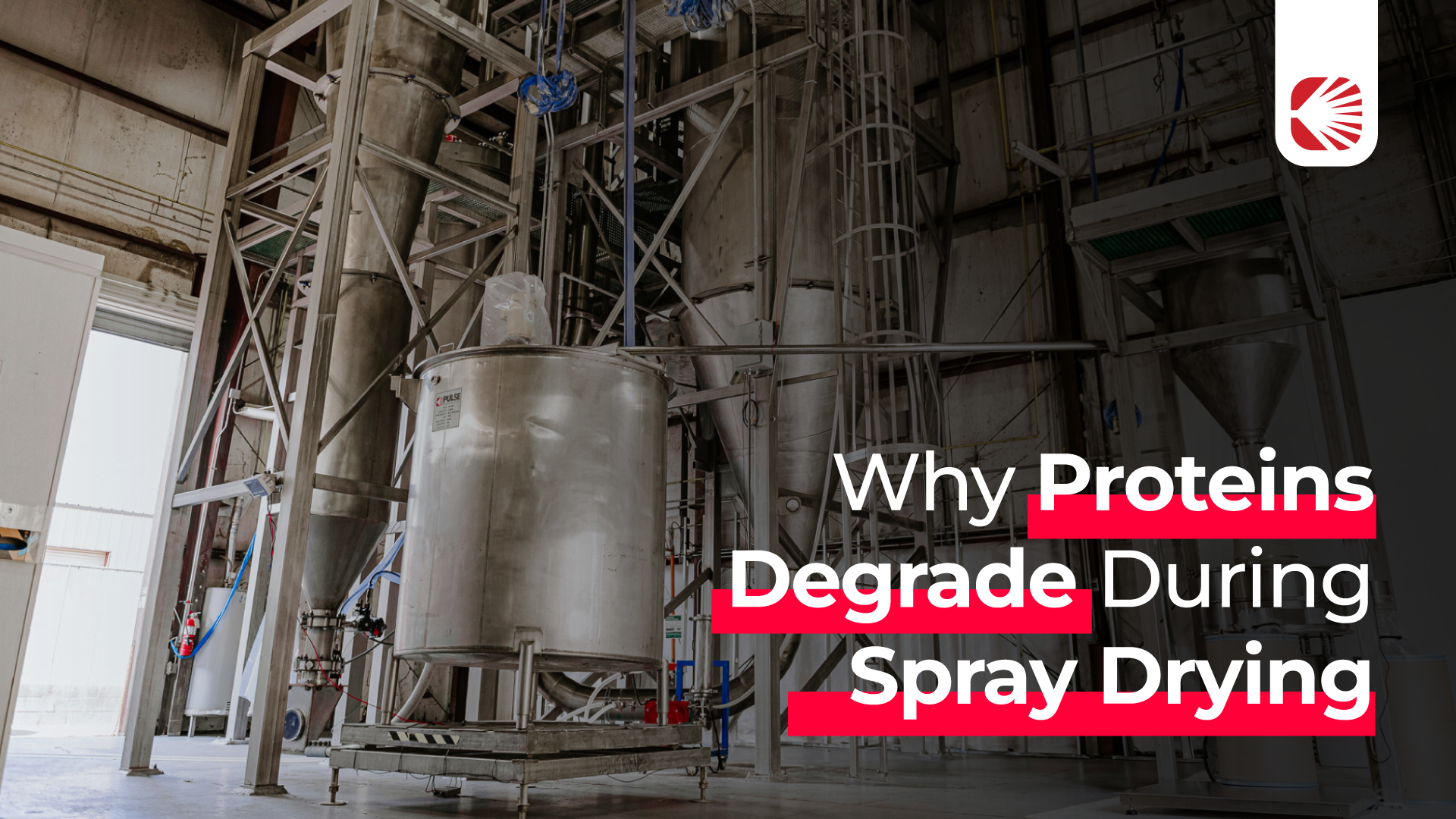 Banner with the text for Why proteins degrade during spray drying? with an industrial spray dryer on the background
